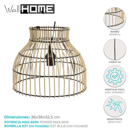 WELL HOME - Luminária pendente de bambu 32x36x32,5cm