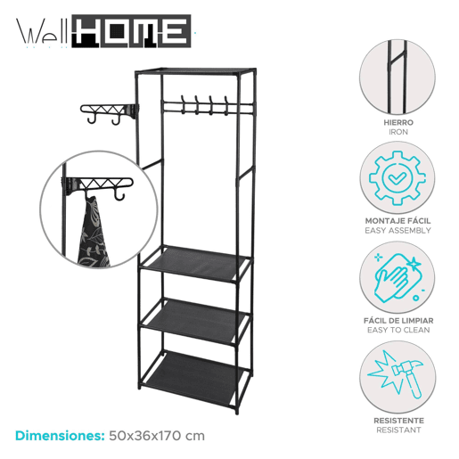 WELL HOME - Cabide com prateleiras preto Alt.170cm