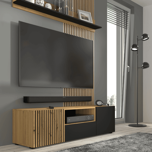 Suporte de TV de 3 portas 150 cm em madeira Nera e preto