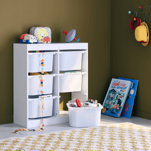 Arrumação para crianças com 6 caixas de arrumação, Sora, Branco, 81.5x30x89 cm