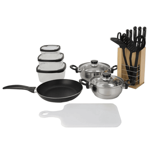 Conjunto de cozinha Well Home 18 unidades (1 frigideira + 2 panelas + 1 tábua de corte + 1 tesoura + 3 utensílios de nylon + 4 tupperware + 1 bloco de madeira