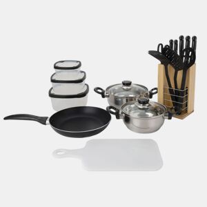 Conjunto de cozinha Well Home 18 unidades (1 frigideira + 2 panelas + 1 tábua de corte + 1 tesoura + 3 utensílios de nylon + 4 tupperware + 1 bloco de madeira
