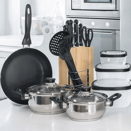 Conjunto de cozinha Well Home 18 unidades (1 frigideira + 2 panelas + 1 tábua de corte + 1 tesoura + 3 utensílios de nylon + 4 tupperware + 1 bloco de madeira