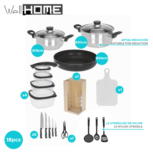 Conjunto de cozinha Well Home 18 unidades (1 frigideira + 2 panelas + 1 tábua de corte + 1 tesoura + 3 utensílios de nylon + 4 tupperware + 1 bloco de madeira