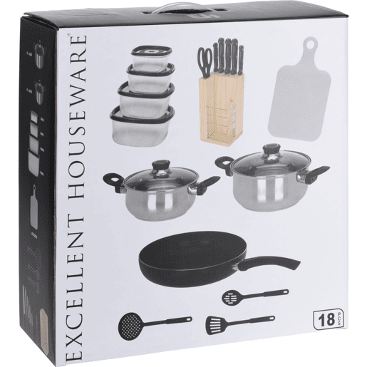Conjunto de cozinha Well Home 18 unidades (1 frigideira + 2 panelas + 1 tábua de corte + 1 tesoura + 3 utensílios de nylon + 4 tupperware + 1 bloco de madeira
