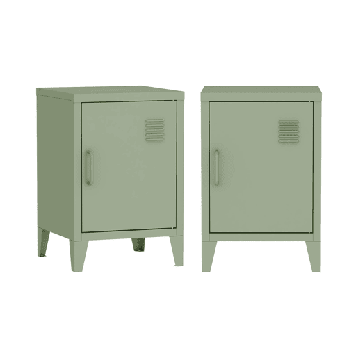 Mesa de cabeceira industrial 1 porta, set de 2, Soho, Verde, 38x38x57 cm