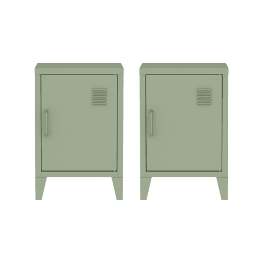 Mesa de cabeceira industrial 1 porta, set de 2, Soho, Verde, 38x38x57 cm