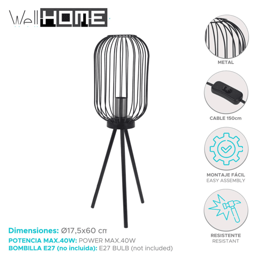 WELL HOME - Candeeiro de pé de metal preto Ø60x175cm WELL HOME - Candeeiro de pé de metal preto Ø60x175cm