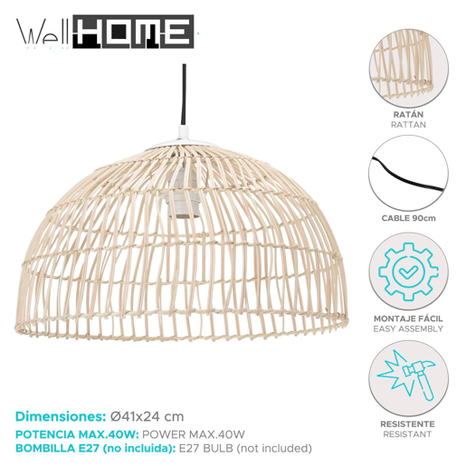 WELL HOME - Luminária pendente de vime Ø41x24cm