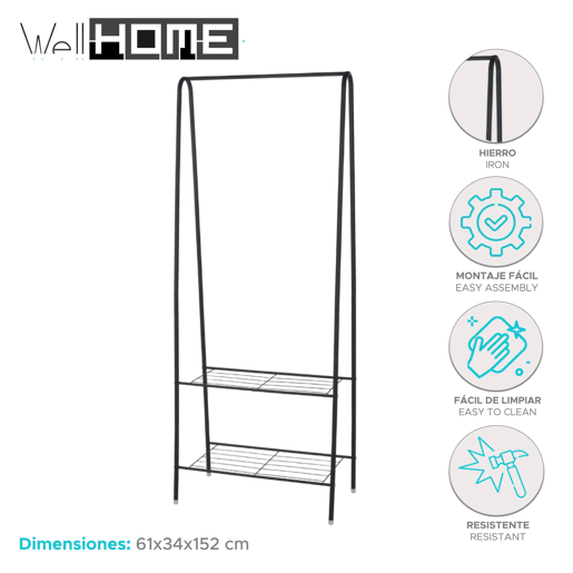 WELL HOME - Cabide de metal com 2 prateleiras Alt.152cm