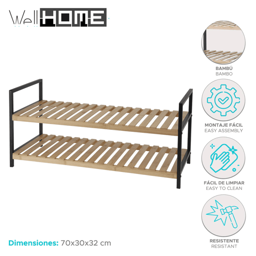 WELL HOME - Sapateira em bambu com 2 prateleiras em metal e bambu 70x30x32cm
