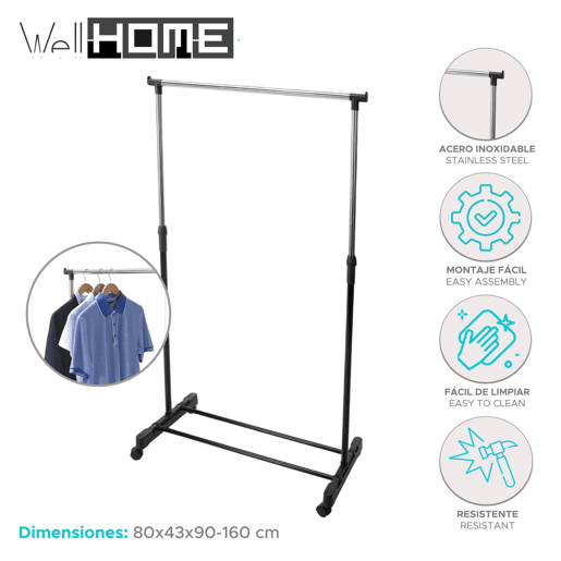 WELL HOME - Prateleira para cabides em aço inox com rodas Alt.90-160cm