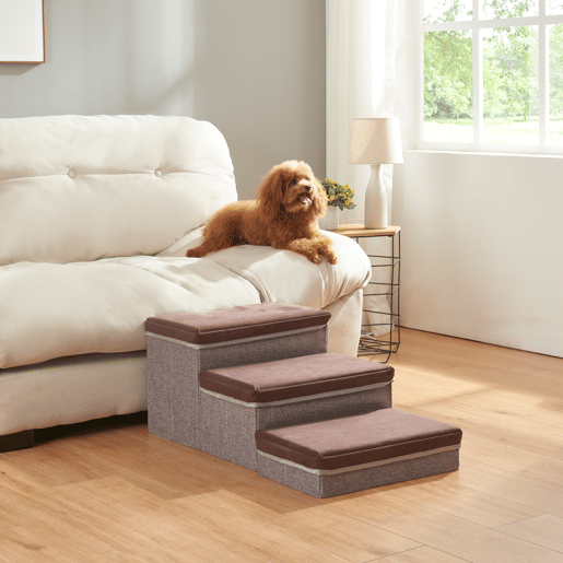Escada para cães Vojens 3 níveis imitação de pele 75x40x30 cm - CastanhoCinzento en.casa Escada para cães Vojens 3 níveis imitação de pele 75x40x30 cm - CastanhoCinzento en.casa