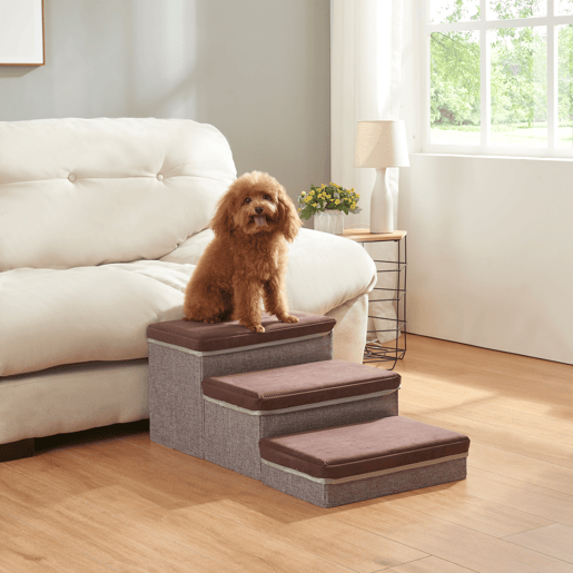 Escada para cães Vojens 3 níveis imitação de pele 75x40x30 cm - CastanhoCinzento en.casa Escada para cães Vojens 3 níveis imitação de pele 75x40x30 cm - CastanhoCinzento en.casa
