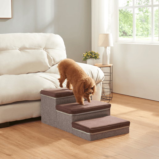 Escada para cães Vojens 3 níveis imitação de pele 75x40x30 cm - CastanhoCinzento en.casa Escada para cães Vojens 3 níveis imitação de pele 75x40x30 cm - CastanhoCinzento en.casa