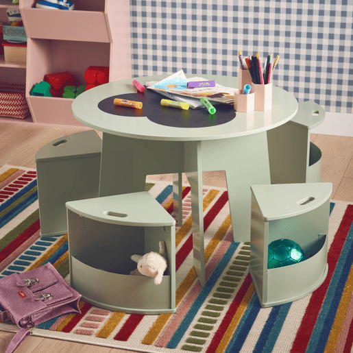 Mesa com ardósia e 4 cadeiras com arrumação para crianças, Nephos, Verde, 70x70x49 cm