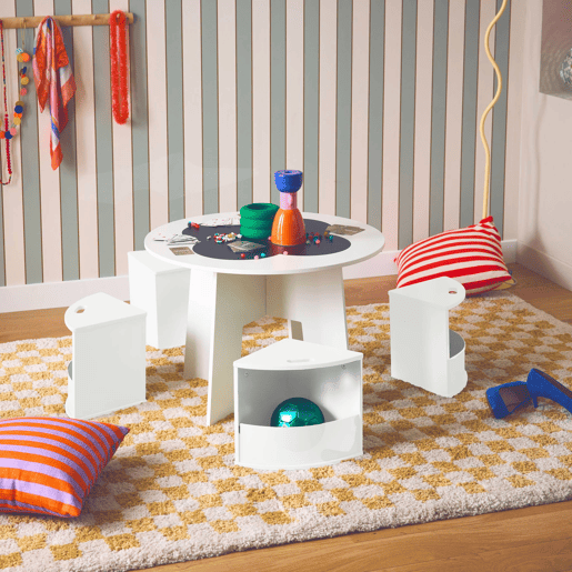 Mesa com ardósia e 4 cadeiras com arrumação para crianças, Nephos, Branco, 70x70x49 cm