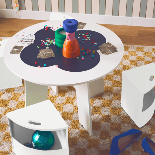 Mesa com ardósia e 4 cadeiras com arrumação para crianças, Nephos, Branco, 70x70x49 cm