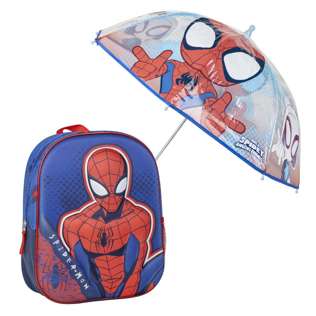 Set de Mochila 3D infantil de Spiderman + Paraguas Burbuja a juego
