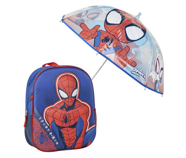 Set de mochila 3d infantil de spiderman + paraguas burbuja a juego