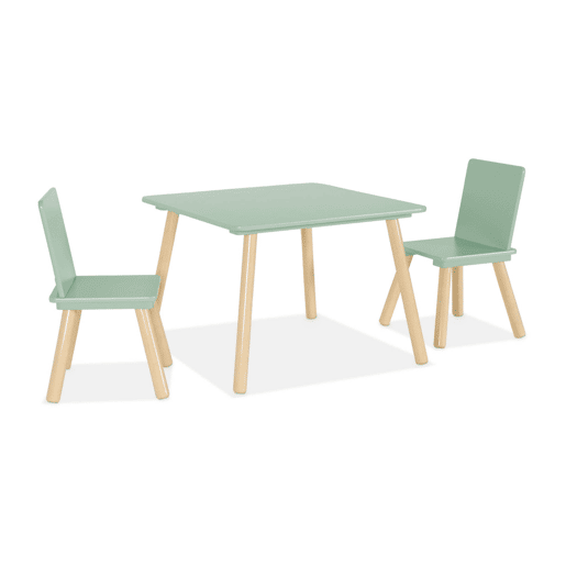 Mesa quadrada criança madeira de pinho 2 cadeiras, Judith, Verde, 60x60x44 cm