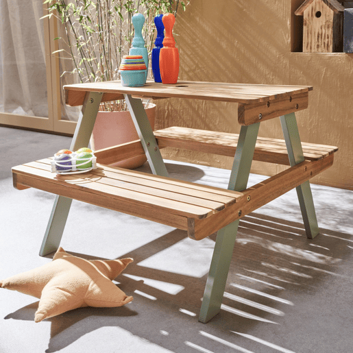 Mesa de piquenique em madeira para crianças, 2 lugares, Caroline, Verde cinzento, 71x35.5x50 cm