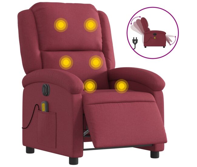 Vidaxl sillón de masaje reclinable eléctrico tela rojo tinto