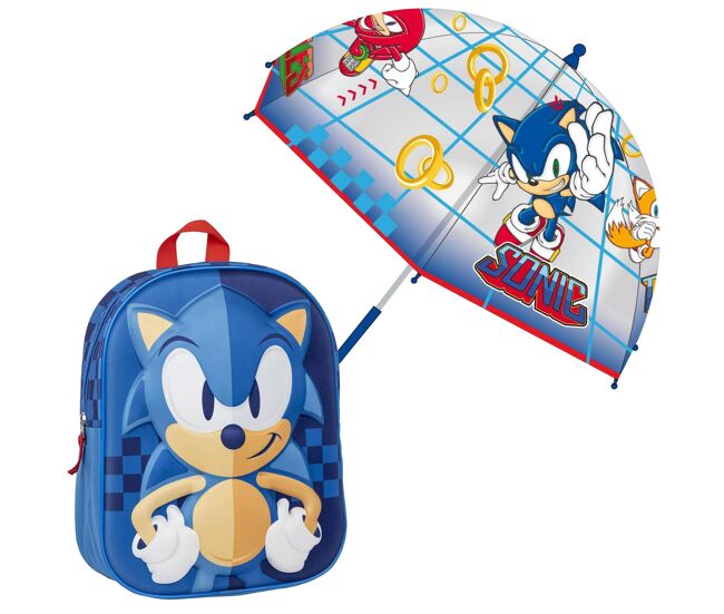 Set de mochila 3d infantil de sonic azul + paraguas burbuja a juego