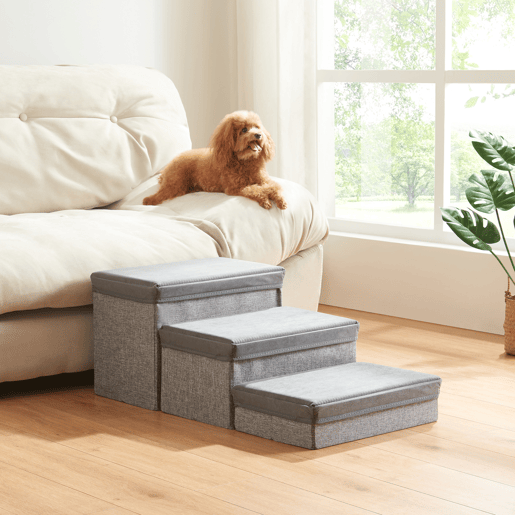 Escada para cães Vojens 3 níveis imitação de pele 75x40x30 cm Cinzento en.casa Escada para cães Vojens 3 níveis imitação de pele 75x40x30 cm Cinzento en.casa