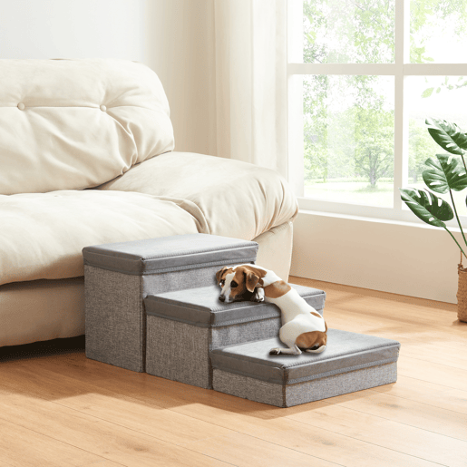 Escada para cães Vojens 3 níveis imitação de pele 75x40x30 cm Cinzento en.casa Escada para cães Vojens 3 níveis imitação de pele 75x40x30 cm Cinzento en.casa