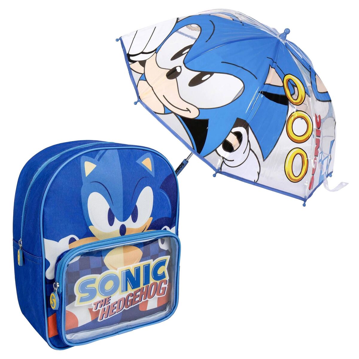 Set de Mochila infantil de Sonic + Paraguas Burbuja estampado a juego
