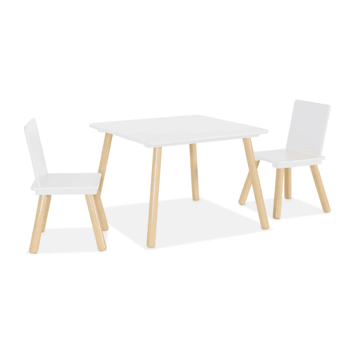 Mesa quadrada criança madeira de pinho 2 cadeiras, Judith, Branco, 60x60x43 cm
