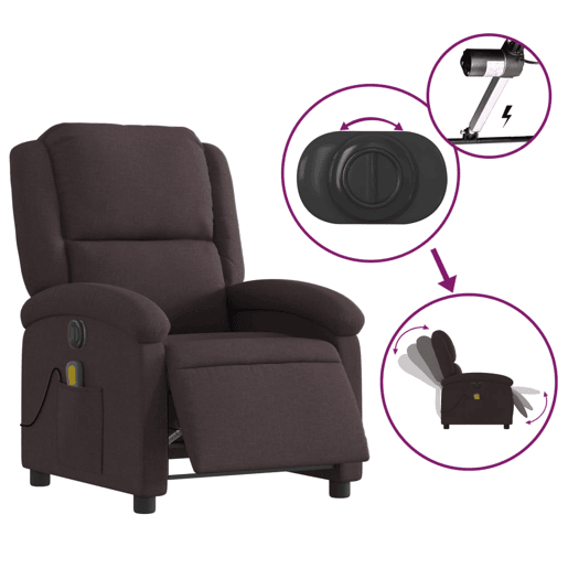vidaXL Poltrona reclinável massagens elétrica tecido castanho-escuro vidaXL Poltrona reclinável massagens elétrica tecido castanho-escuro