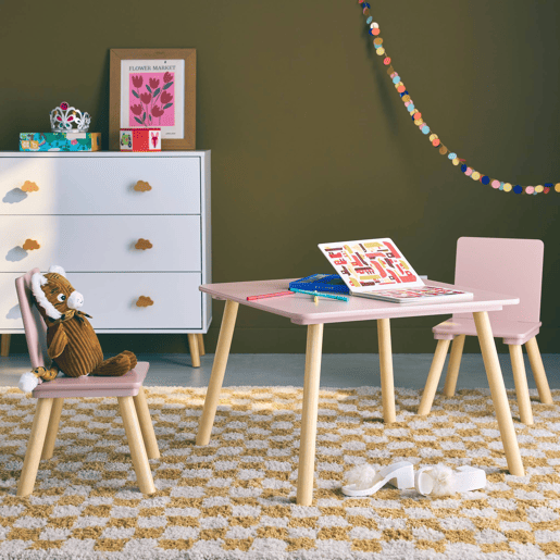 Mesa quadrada para crianças com 2 cadeiras, Jude, Rosa, 60x60x43 cm