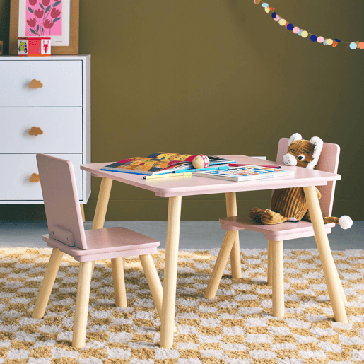 Mesa quadrada para crianças com 2 cadeiras, Jude, Rosa, 60x60x43 cm