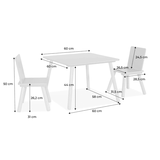 Mesa quadrada para crianças com 2 cadeiras, Jude, Rosa, 60x60x43 cm