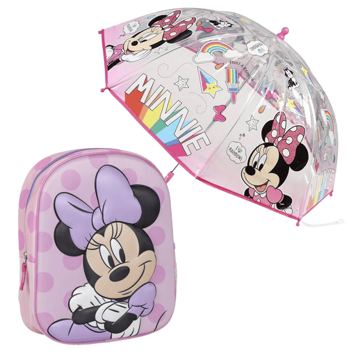 Conjunto de mochila infantil Minnie 3D rosa + guarda-chuva transparente combinando Conjunto de mochila infantil Minnie 3D rosa + guarda-chuva transparente combinando