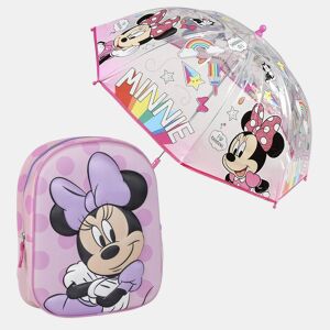 Conjunto de mochila infantil Minnie 3D rosa + guarda-chuva transparente combinando