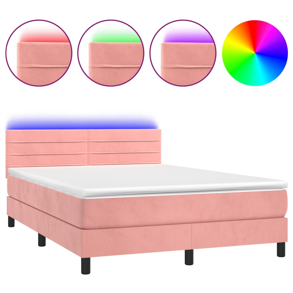 Cama box spring colchón y led terciopelo rosa 140x200 cm rayas horizontales