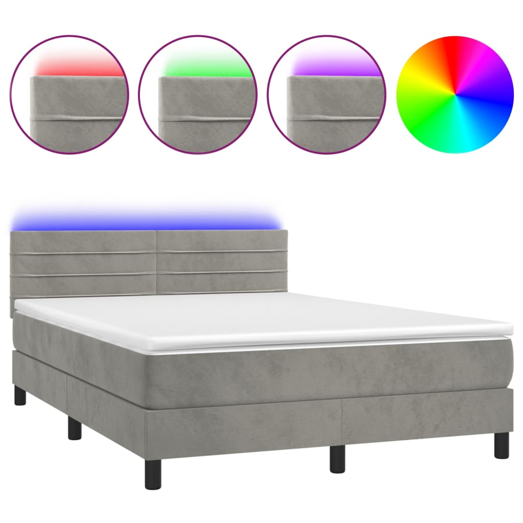 Cama box spring colchón y led terciopelo gris claro 140x190 cm rayas horizontales