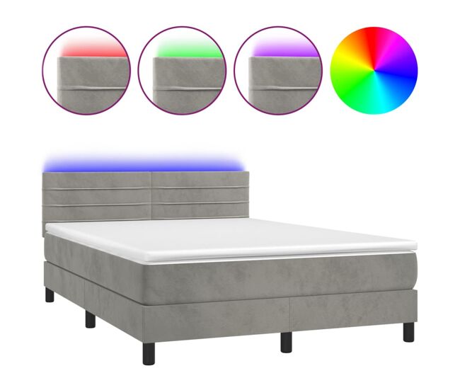 Cama box spring colchón y led terciopelo gris claro 140x190 cm rayas horizontales