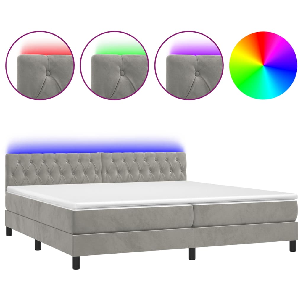 cama box spring colchon y led terciopelo gris claro 200x200 cm diseno de botones