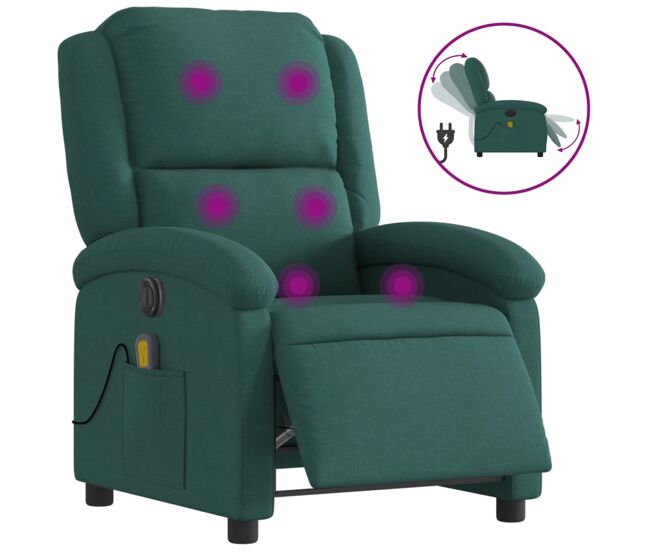Vidaxl sillón reclinable de masaje eléctrico tela verde oscuro