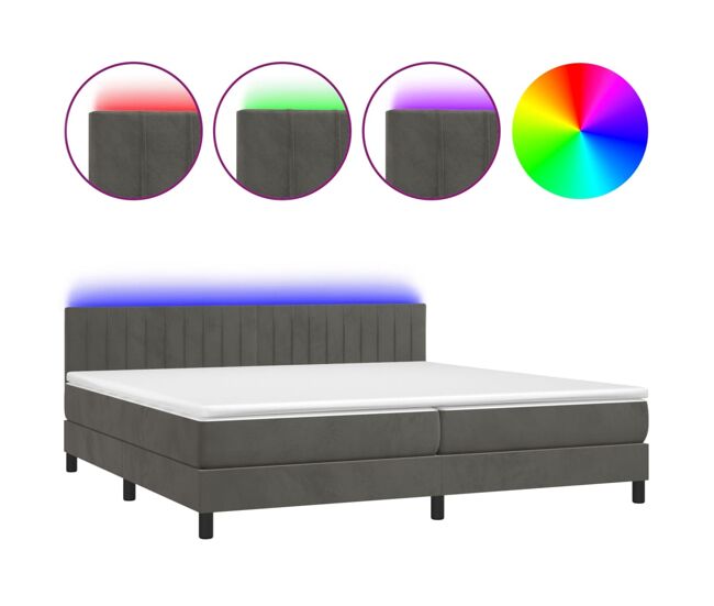 Cama box spring colchón y led terciopelo gris oscuro 200x200 cm rayas verticales