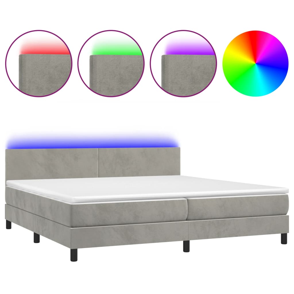 Cama box spring colchón y led terciopelo gris claro 200x200 cm diseño plano