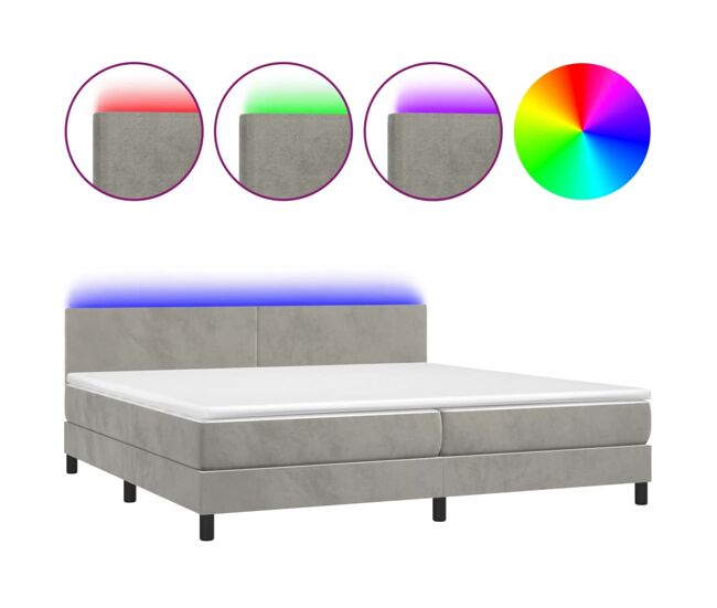 Cama box spring colchón y led terciopelo gris claro 200x200 cm diseño plano