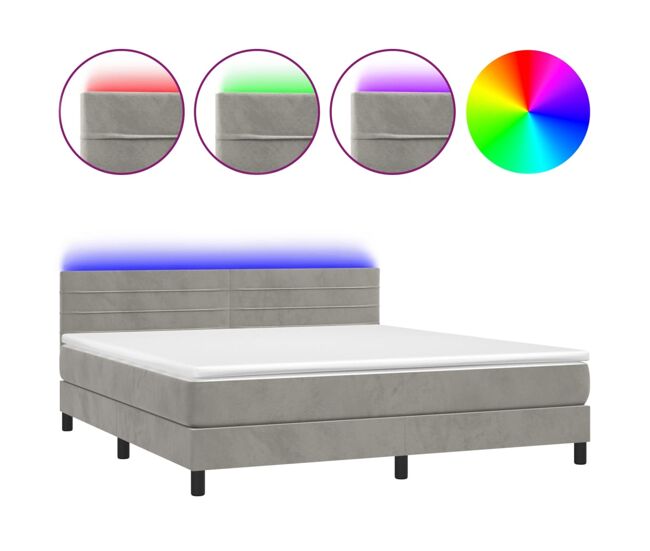 Cama box spring colchón y led terciopelo gris claro 180x200 cm rayas horizontales