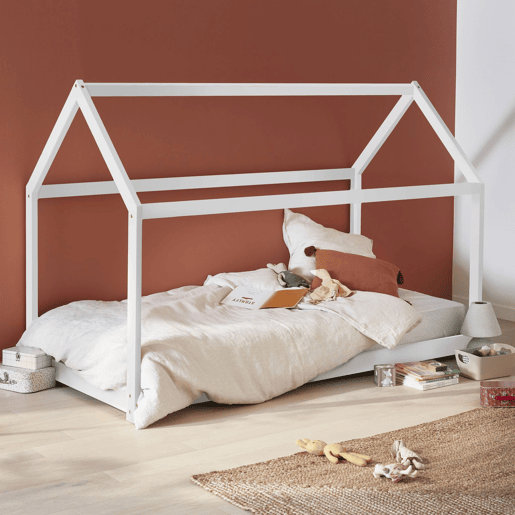 Cama de cabana para crianças em pinho natural, Tobias, Branco, 196x99x136 cm