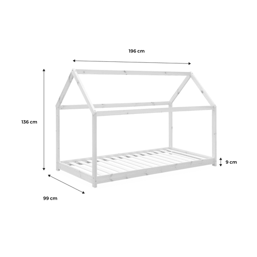 Cama de cabana para crianças em pinho natural, Tobias, Branco, 196x99x136 cm