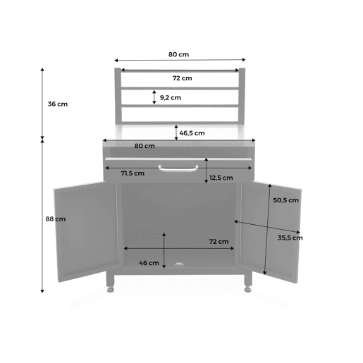 Cozinha exterior em aço 1 gaveta e 2 portas, 80cm, Grimaud, Preto, 54x80x124 cm